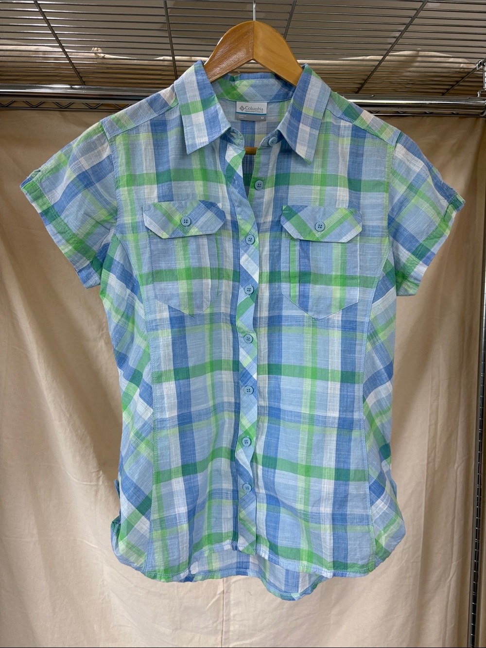 Columbia Light Blue & Green Plaid Short-Sleeve Shirt